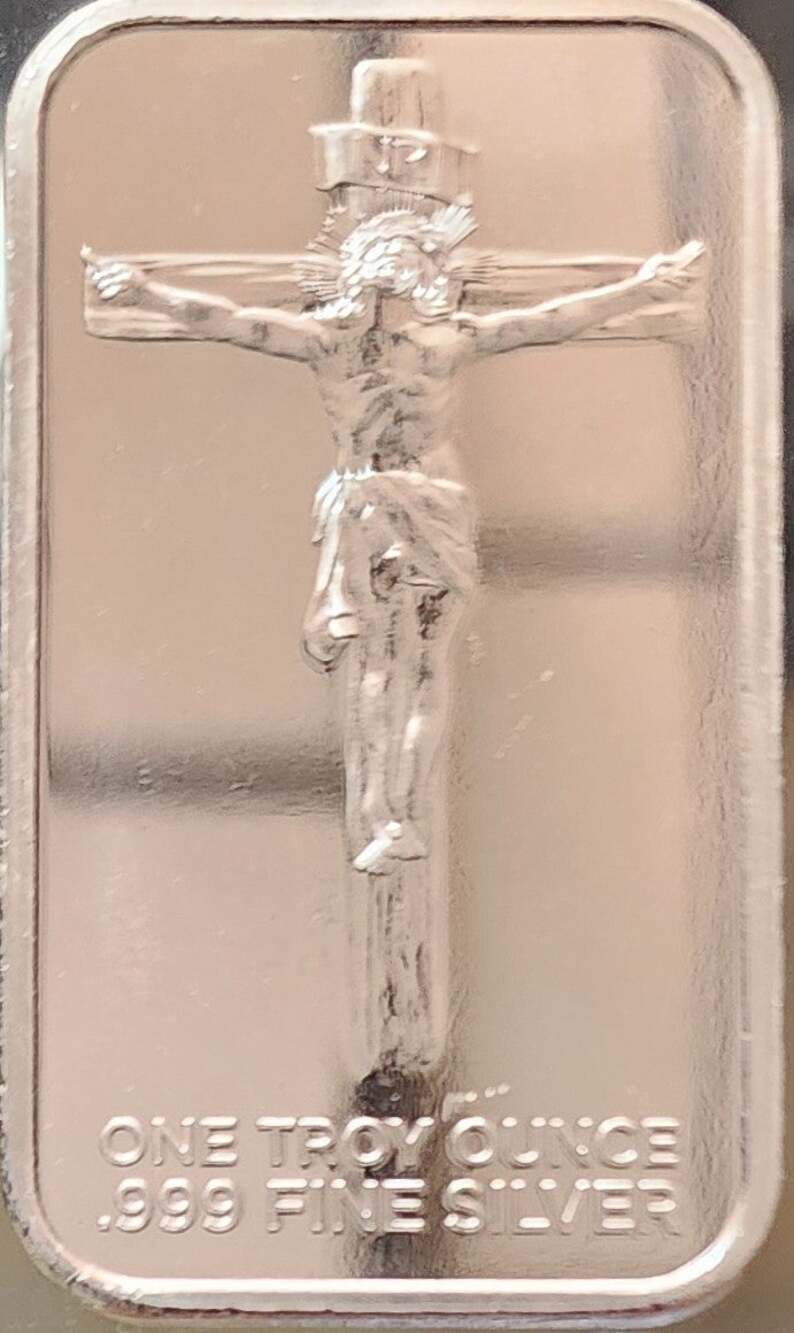 1 oz .999 Silver Bar Jesus on Cross w/ Cross Pattern Back